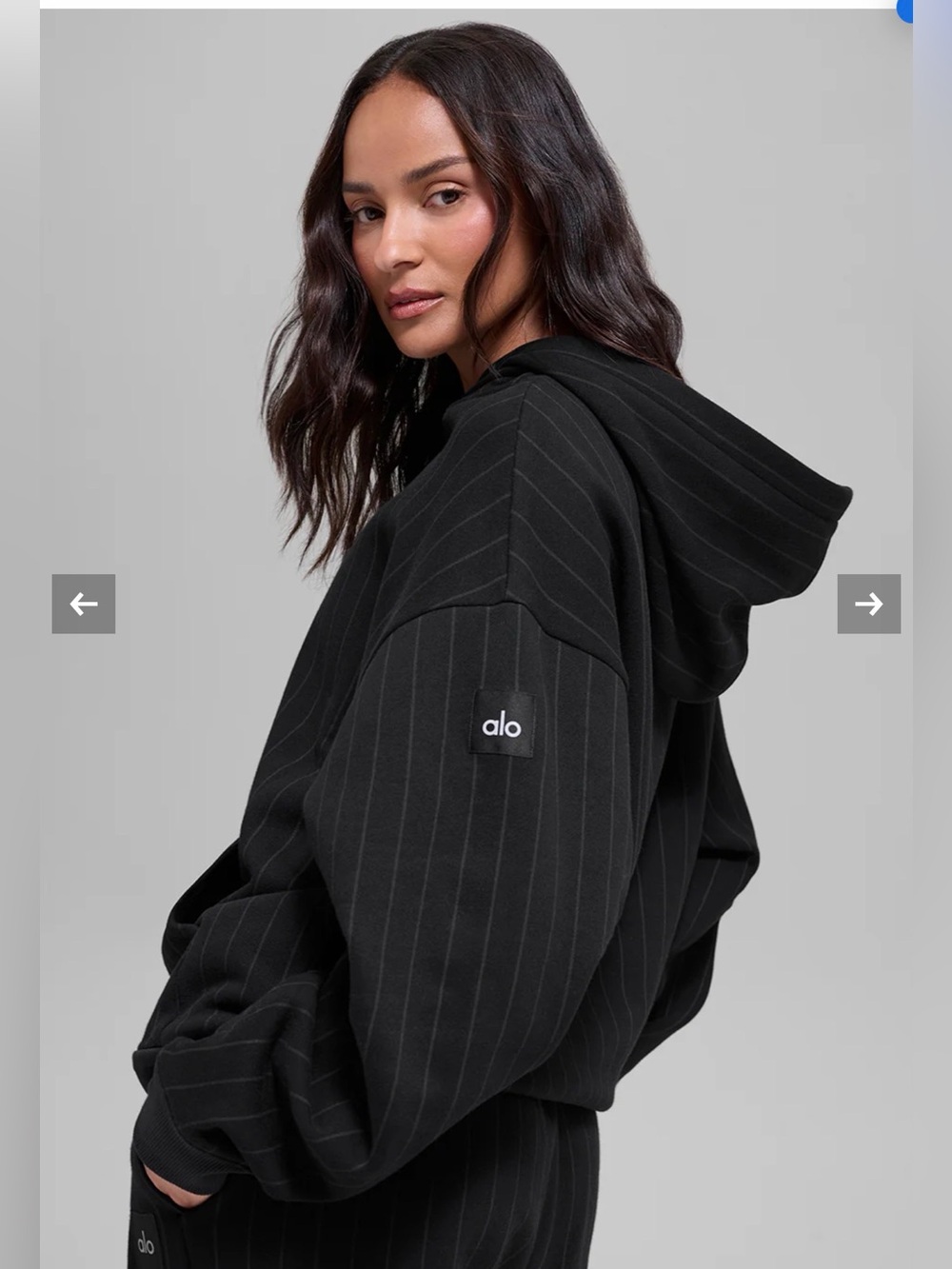 Brand New ALO Yoga Black Pinstripe Hoodie with Logo Patch - 2XL